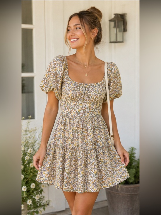 Altar'd State Dresses & Skirts - Altar'd State Yellow Floral Puff-Sleeve Mini Dress